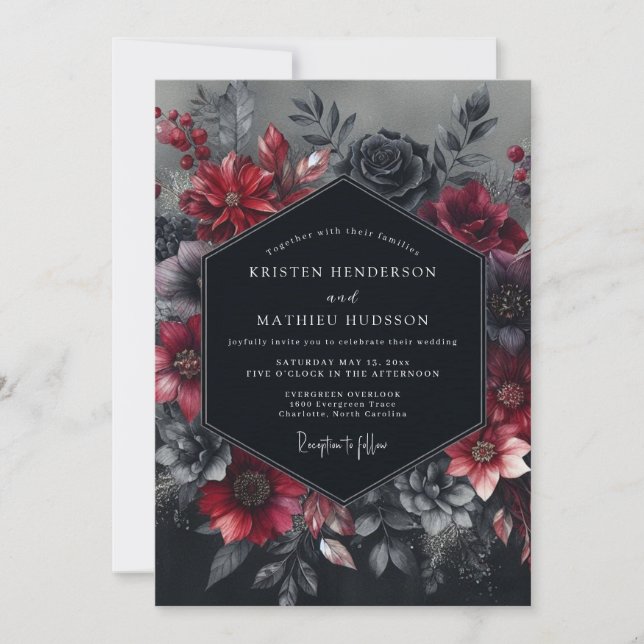 Burgundy Gothic Bloom Wedding Invitation (Front)