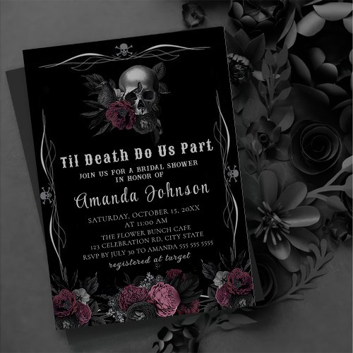 Burgundy Gothic Dark Floral Skull Bridal Shower  Invitation
