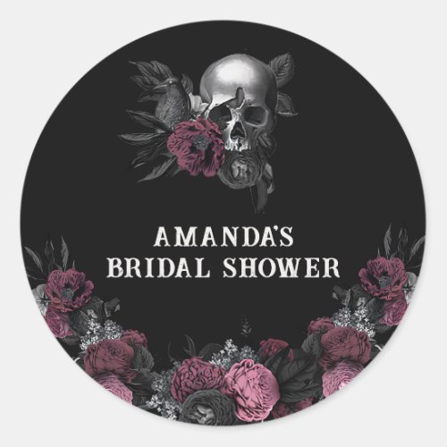 Burgundy gothic Floral Skull Bridal Shower Favor  Classic Round Sticker