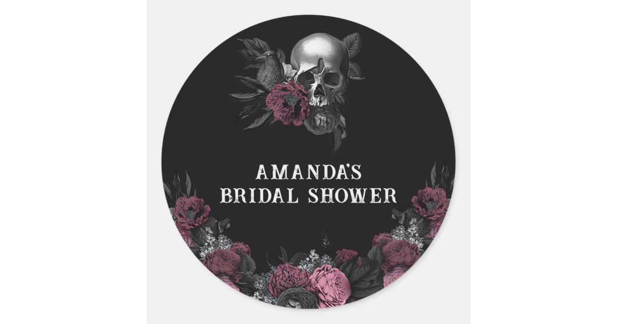 Burgundy gothic Floral Skull Bridal Shower Favor Classic Round Sticker ...