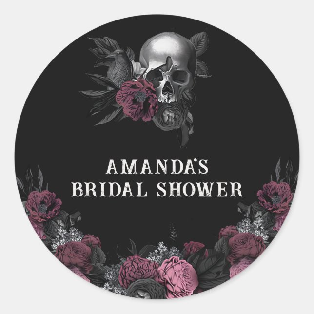 Burgundy gothic Floral Skull Bridal Shower Favor  Classic Round Sticker (Front)