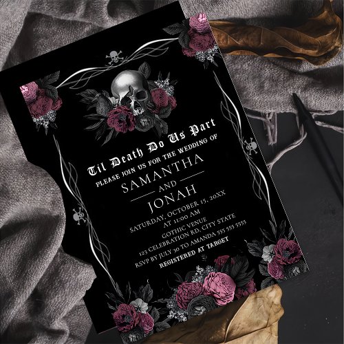 Burgundy Gothic Floral Skull Halloween Wedding Invitation