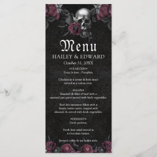 Burgundy Gothic Floral Skull Halloween Wedding Menu