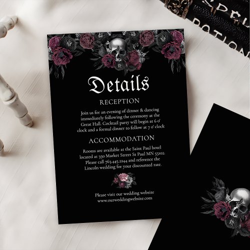Burgundy Gothic Floral Skull Wedding Details  Enclosure Card