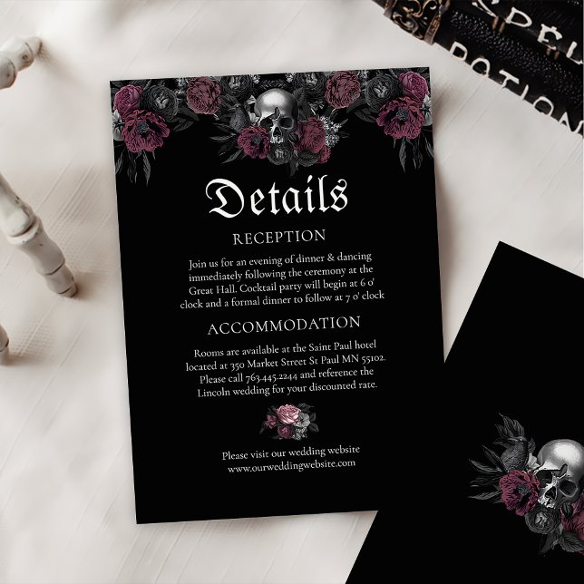 Burgundy Gothic Floral Skull Wedding Details  Enclosure Card (Creator Uploaded)