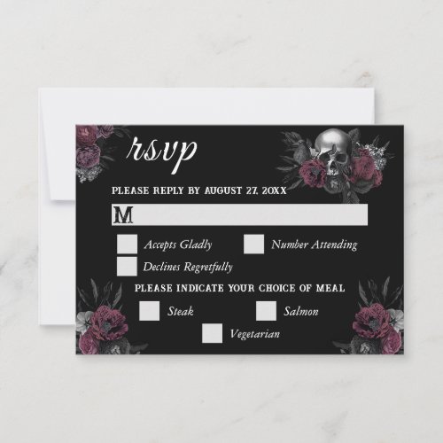 Burgundy Gothic Floral Skull Wedding RSVP Card