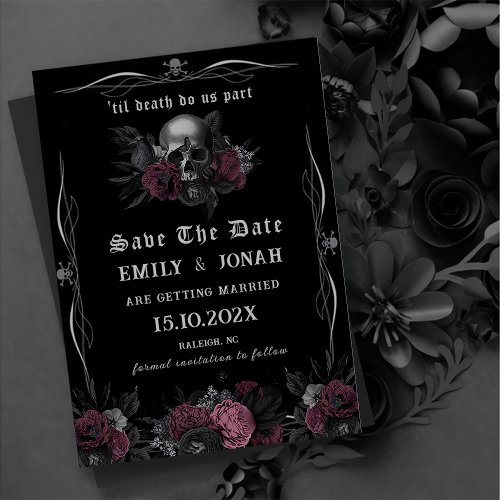 Burgundy Gothic Floral Skull wedding Save The Date Invitation