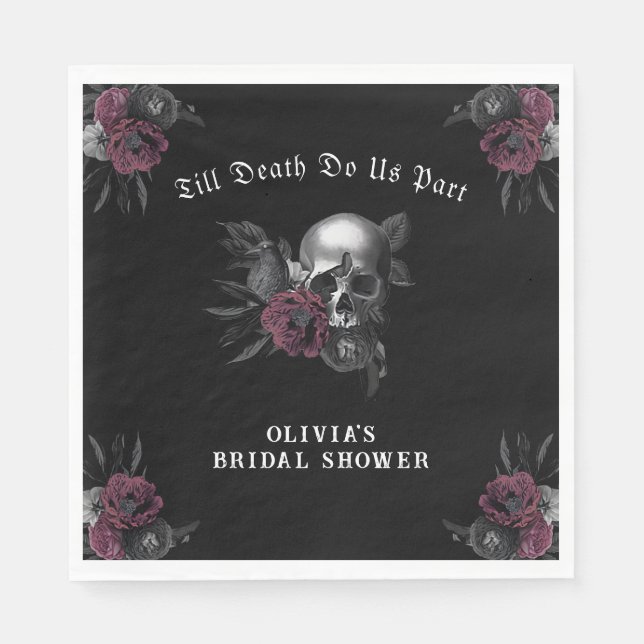 Burgundy Gothic Florals Skull Bridal Shower  Napkins (Front)