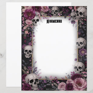 Burgundy Gothic Flowers & Skulls Stationery Paper