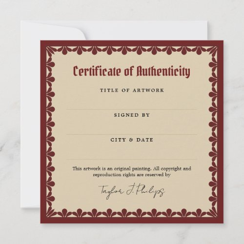 Burgundy Gothic Font Certificate of Authenticity