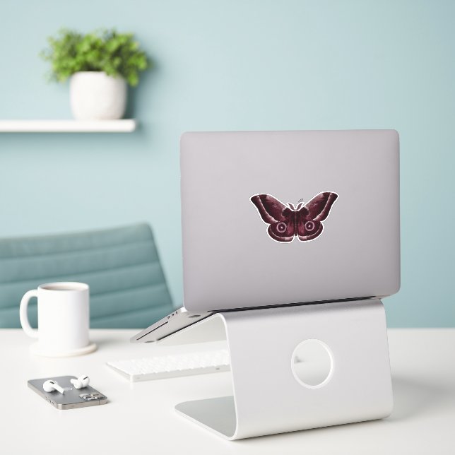 Burgundy Gothic Moth Sticker (Laptop On Desk)