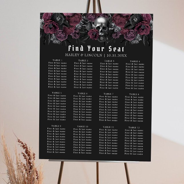 Burgundy Gothic Skull Wedding Seating Chart  Foam Board (Creator Uploaded)