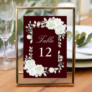 Burgundy Gothic White Roses Wedding Table Numbers