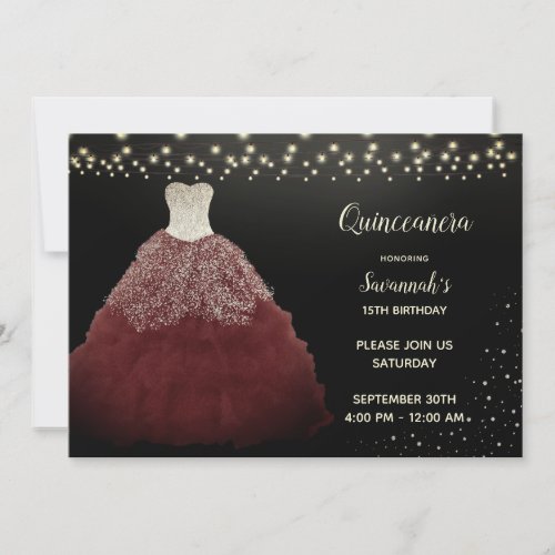 Burgundy Gown with String Lights Quinceanera Invitation