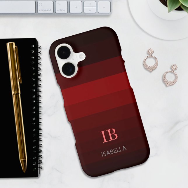 Burgundy Gradient Color Stripes Monogram iPhone Case (Creator Uploaded)
