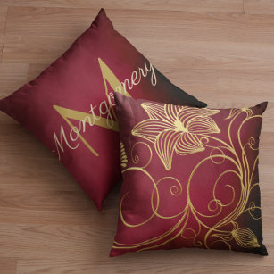 Burgundy Gradient Gold Floral Initial Throw Pillow