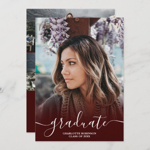 Burgundy graduate script photo graduation invitation