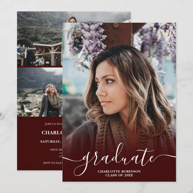 Burgundy graduate script photo graduation invitation | Zazzle