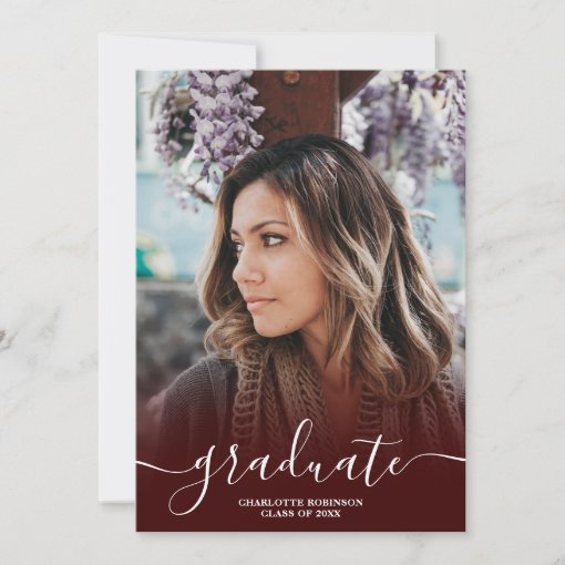 Burgundy graduate script photo graduation invitation | Zazzle