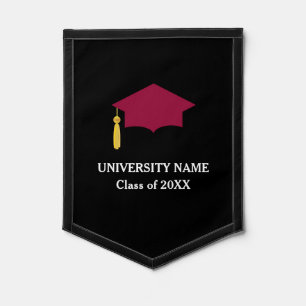 Burgundy Graduation Cap & Text on Black Pennant