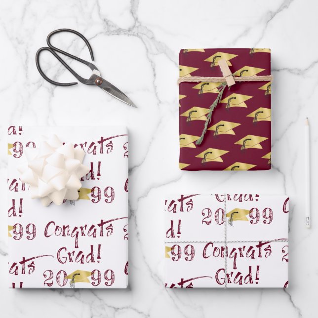 Burgundy Graduation CONGRATS GRAD Class Year Wrapping Paper Sheets (Front)