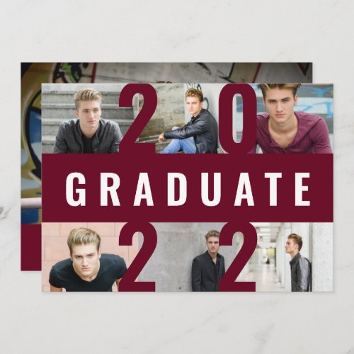 Burgundy graduation modern photo collage bold announcement