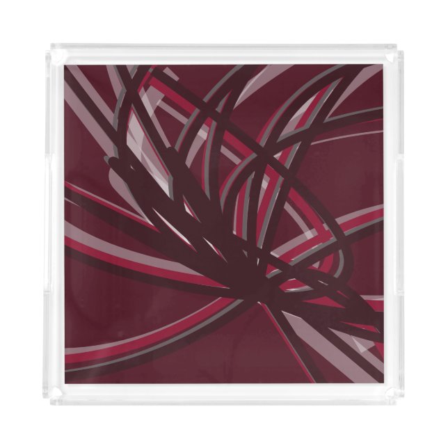 Burgundy & Gray Abstract Ribbons Acrylic Tray (Front)