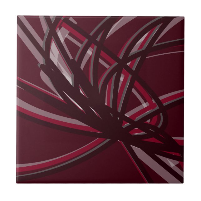Burgundy & Gray Abstract Ribbons Ceramic Tile (Front)