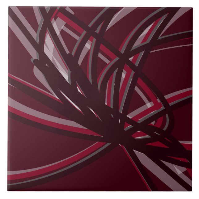 Burgundy & Gray Abstract Ribbons | Large Ceramic Tile (Front)