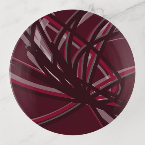Burgundy  Gray Abstract Ribbons Round Trinket Tray