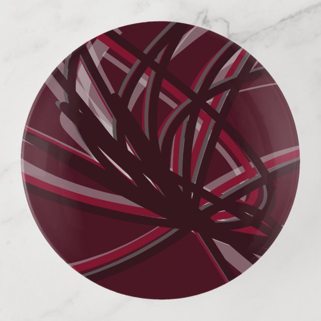 Burgundy & Gray Abstract Ribbons Round Trinket Tray (Front)
