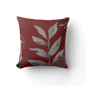 Burgundy & Gray Abstract Watercolor Leaves Ostrich Throw Pillow
