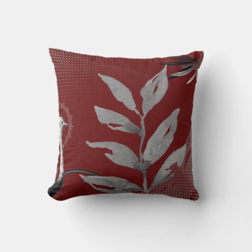 Burgundy  Gray Abstract Watercolor Leaves Ostrich Throw Pillow