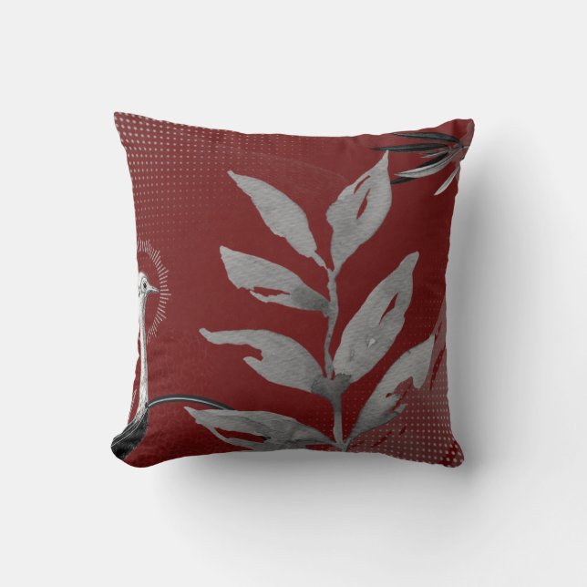 Burgundy & Gray Abstract Watercolor Leaves Ostrich Throw Pillow (Front)