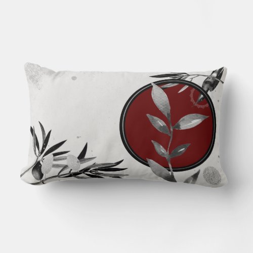 Burgundy  Gray Abstract Zen Watercolor Leaf Lumbar Pillow