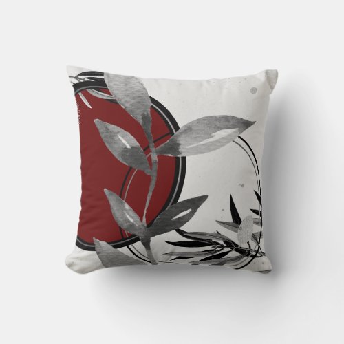 Burgundy  Gray Abstract Zen Watercolor Leaf Throw Pillow