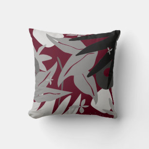 Burgundy & Gray Artistic Abstract Botanical Throw Pillow