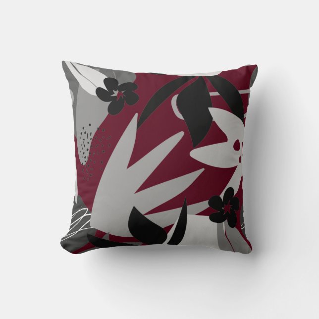 Burgundy & Gray Artistic Abstract Leaves Throw Pillow (Front)