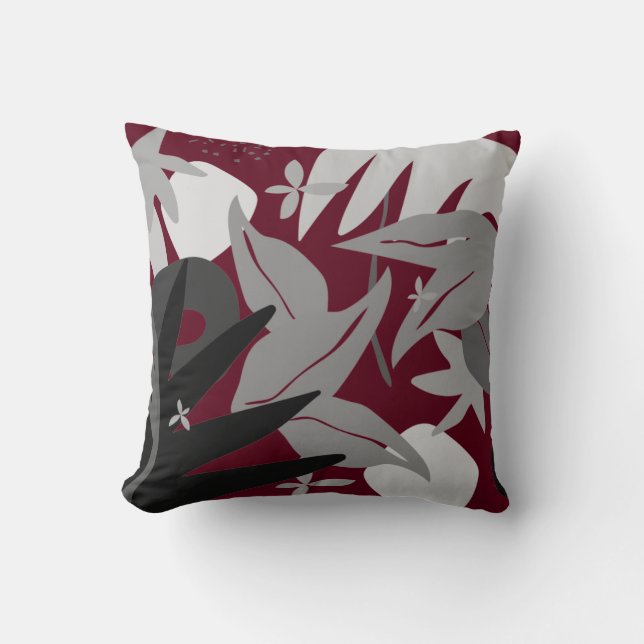 Burgundy & Gray Artistic Abstract Leaves Throw Pillow (Front)