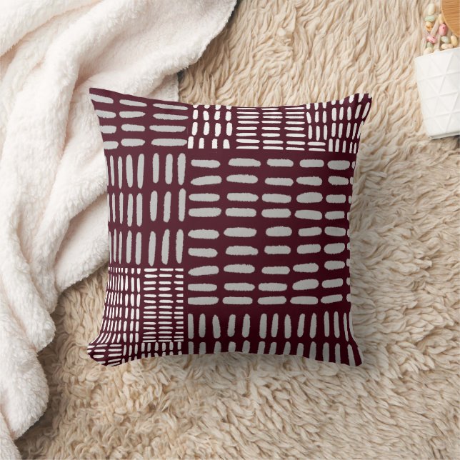 Burgundy & Gray Artistic Abstract Line Pattern Throw Pillow (Blanket)