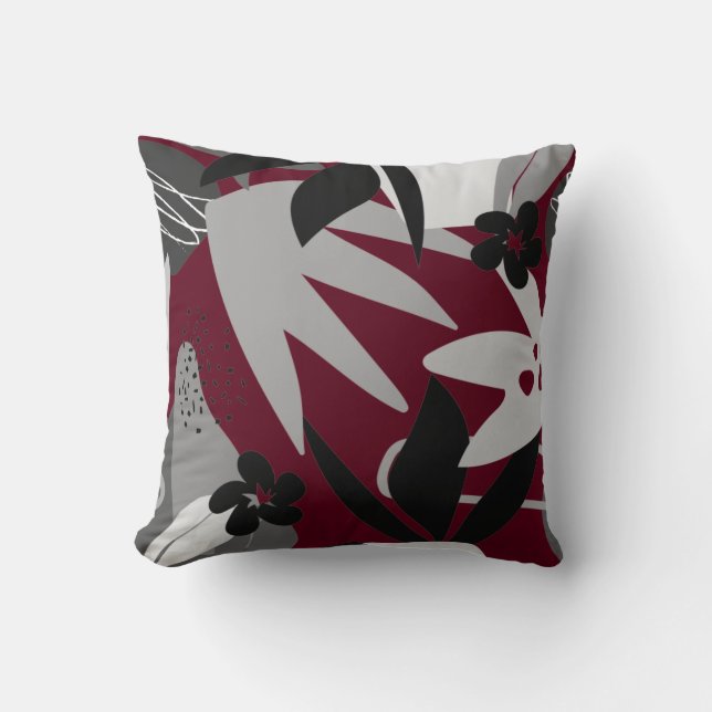 Burgundy & Gray Artistic Abstract Tropical Throw Pillow (Front)