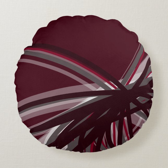 Burgundy & Gray Artistic Ribbons Round Pillow (Front)