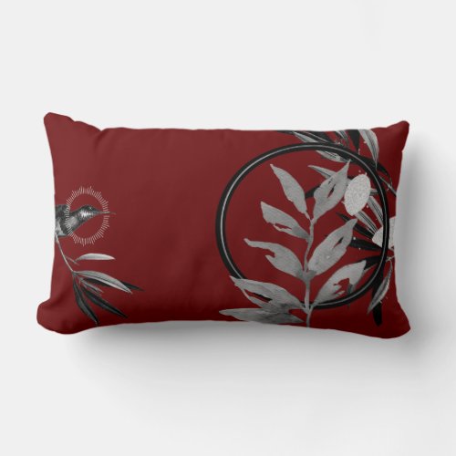 Burgundy  Gray Artistic Watercolor Leaves Lumbar Pillow