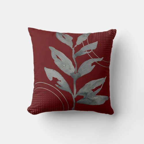 Burgundy  Gray Artistic Watercolor Leaves Throw Pillow