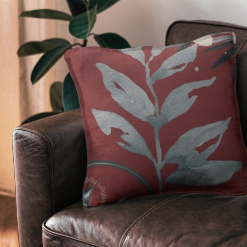Burgundy  Gray Artistic Watercolor Leaves Throw Pillow