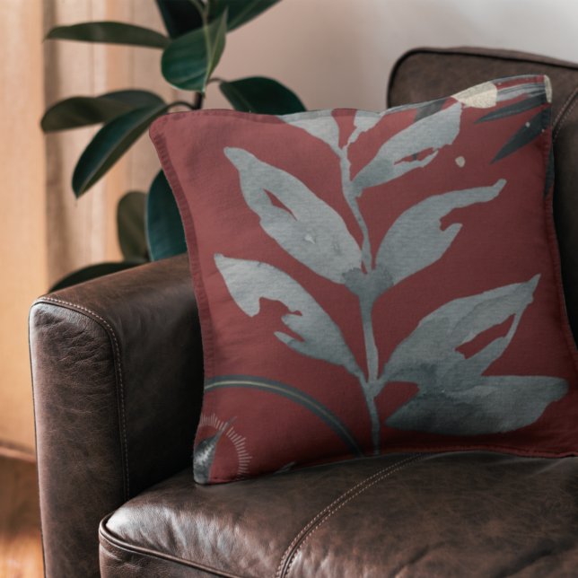 Burgundy & Gray Artistic Watercolor Leaves Throw Pillow (Creator Uploaded)