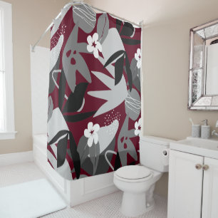 Burgundy Gray Black & White Modern Botanical Shower Curtain