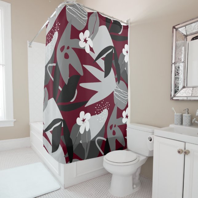 Burgundy Gray Black & White Modern Botanical Shower Curtain (In Situ)