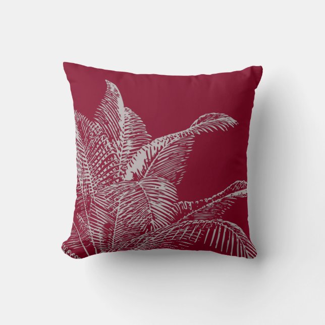 Burgundy & Gray Botanical | Elegant Tropical Palm Throw Pillow (Front)