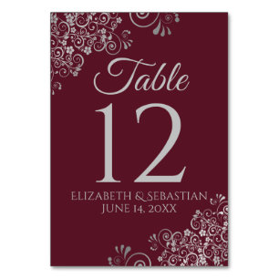 Burgundy & Gray Elegant Filigree Wedding Table Number